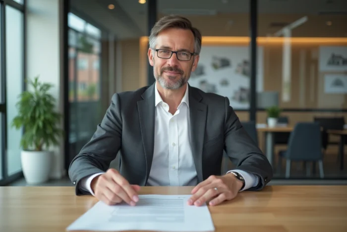 Agent immobilier expliquant un contrat de location à des clients dans une agence immobilière moderne
