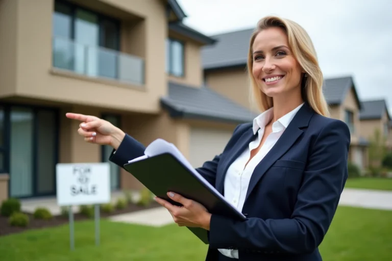 Agent immobilière devant une maison moderne à vendre, tenant des documents de propriété