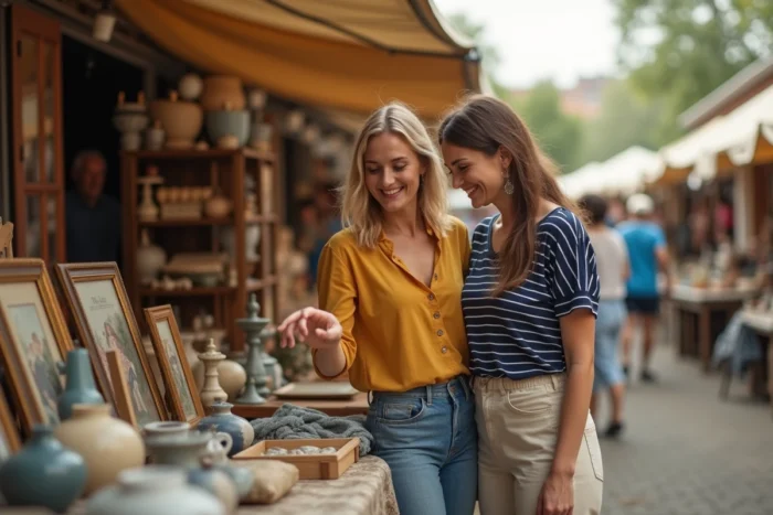 Deux amies qui fouinent ensemble sur un marché aux puces à la recherche de bonnes affaires et de trouvailles vintage