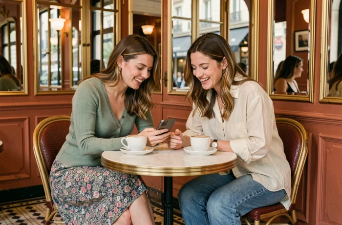 Deux amies aux tenues tendance discutant style et mode dans un café parisien, inspiration looks quotidiens et conseils vestimentaires