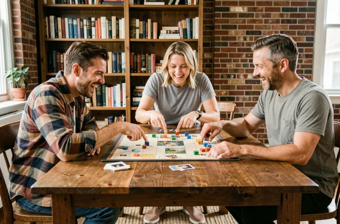 Groupe d'amis jouant à un jeu de société autour d'une table en bois, moment de loisir convivial en intérieur
