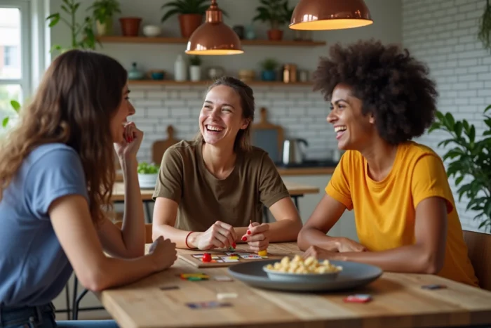 Groupe d'amis jouant à un jeu de société autour d'une table en bois dans un appartement moderne, loisir convivial pour se divertir entre amis