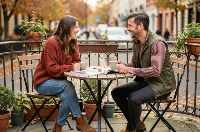 Deux amis stylés en tenues d'automne tendance lisant un magazine de mode en terrasse de café