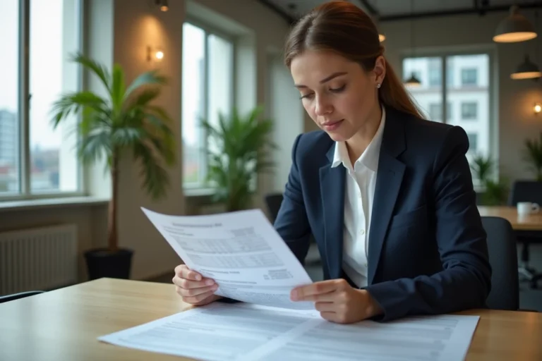 Femme d'affaires analysant des marges financières sur des tableaux imprimés dans un bureau moderne