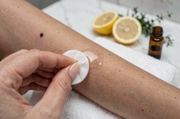 Application d'un remède naturel à base de citron et huile essentielle sur un grain de beauté avec un coton