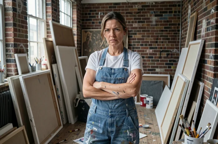 Artiste dans son atelier encombré, ambiance introspective rappelant les thèmes de la série Little Fires Everywhere et l'absence d'une saison 2