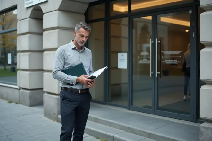Homme devant les bureaux de l'autorité cantonale des migrations en Suisse tenant ses documents de permis de travail