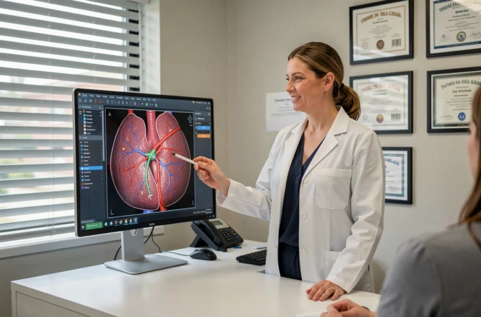 Cardiologue expliquant les risques après la pose d'un stent coronarien à l'aide d'une image d'angiographie numérique