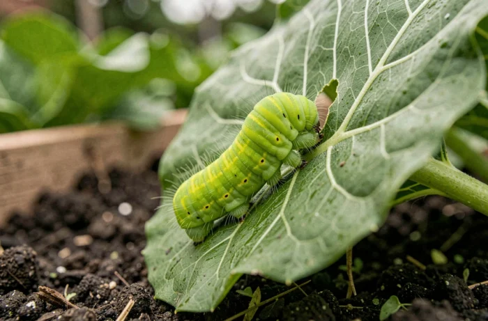 Chenille verte fluo sur une feuille de chou au potager, gros plan macro réaliste