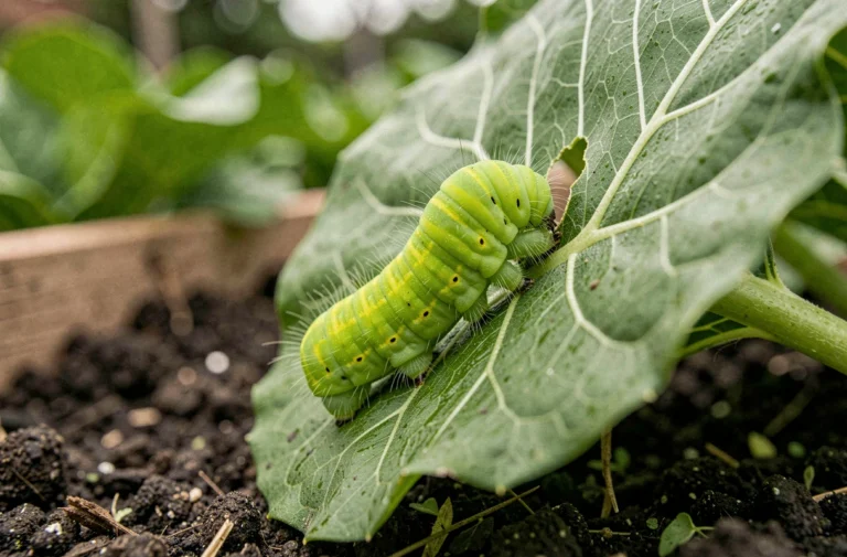 Chenille verte fluo sur une feuille de chou au potager, gros plan macro réaliste