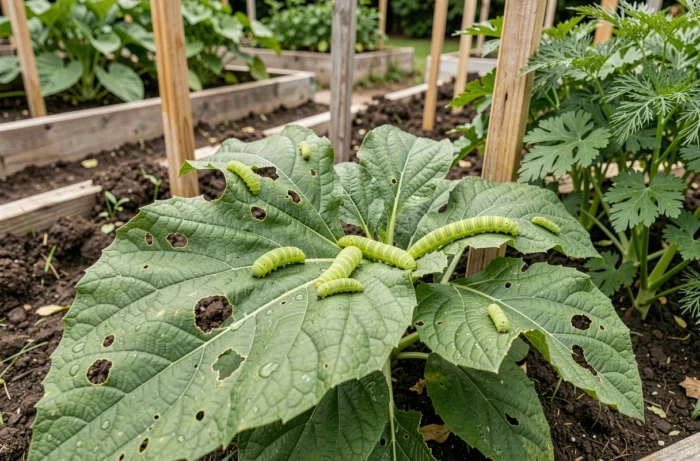 Plusieurs chenilles vertes fluo sur des feuilles endommagées dans un potager, vue d'ensemble réaliste