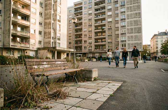 Place publique d'une cité HLM en périphérie de Lyon avec immeubles en béton et habitants, quartier prioritaire de la ville