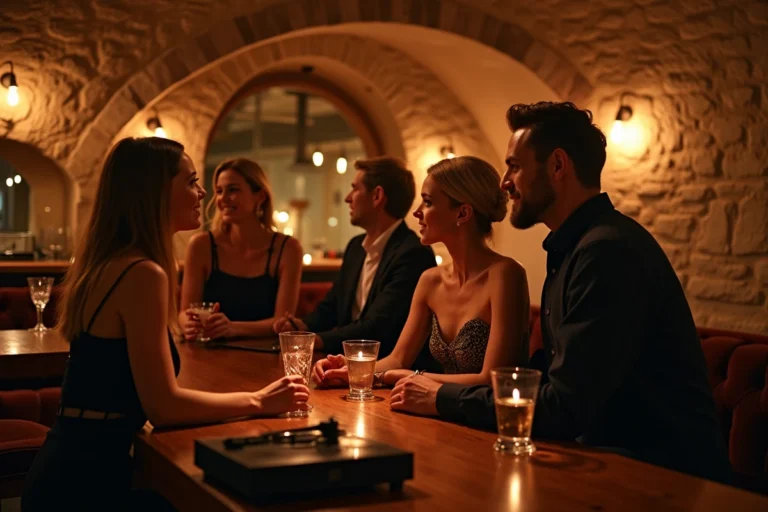 Intérieur élégant d'un club libertin en Bretagne avec bar en bois et ambiance feutrée