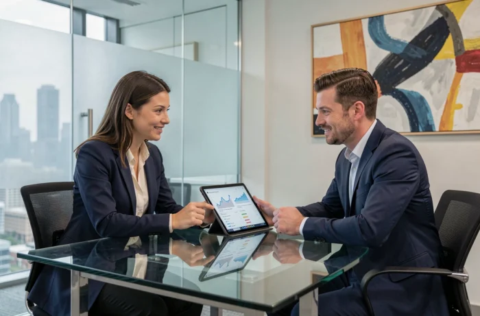 Deux professionnels collaborant sur une stratégie de business en ligne avec une tablette dans une salle de réunion moderne