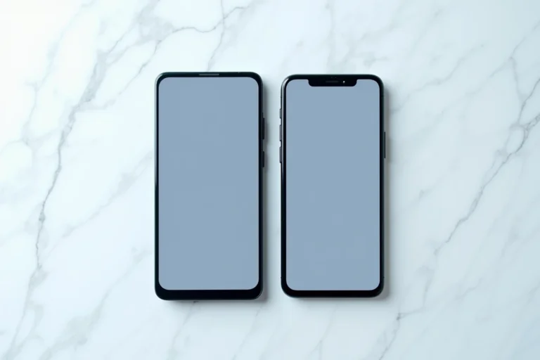 Comparaison côte à côte de l'iPhone 7 et de l'iPhone 7 Plus posés sur du marbre blanc, vue de dessus