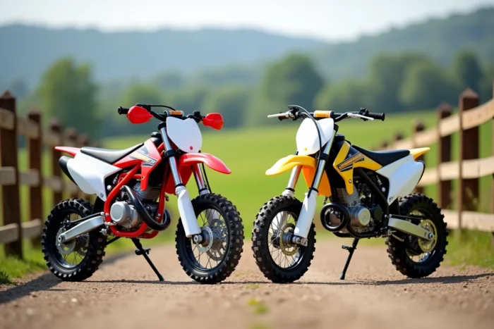 Comparaison de deux motos tout-terrain de tailles différentes pour enfants posées sur un chemin en gravier à la campagne