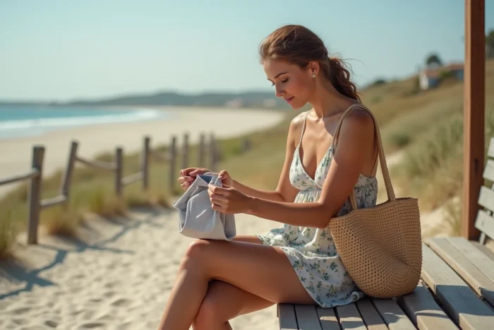 Femme comparant deux shorts de bain côte à côte près de la plage pour identifier leurs différences de doublure et de matière