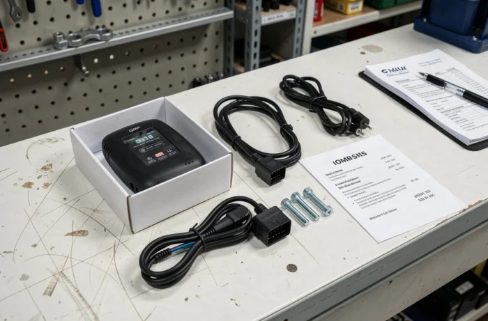 Composants d'un kit GPS pour voiture disposés sur un établi avec un devis de prix d'installation