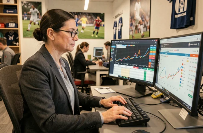 Comptable de club de football professionnel devant des écrans affichant des données financières et des graphiques budgétaires de Ligue 1