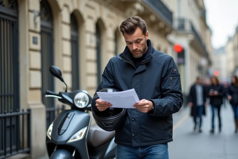 Homme consultant un document administratif sur la législation 125cc à Paris, debout près de son scooter sur un trottoir haussmannien