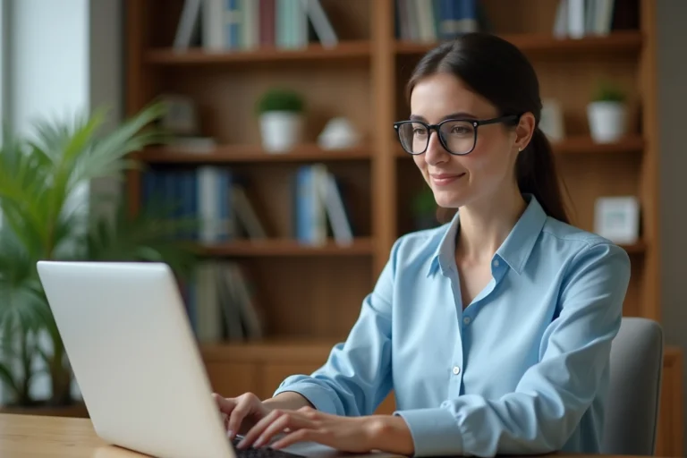 Femme connectée à son webmail académique sur un ordinateur portable dans un bureau à domicile