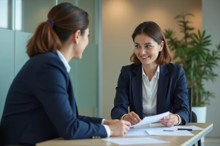 Une femme discute de services bancaires avec un conseiller dans une agence moderne