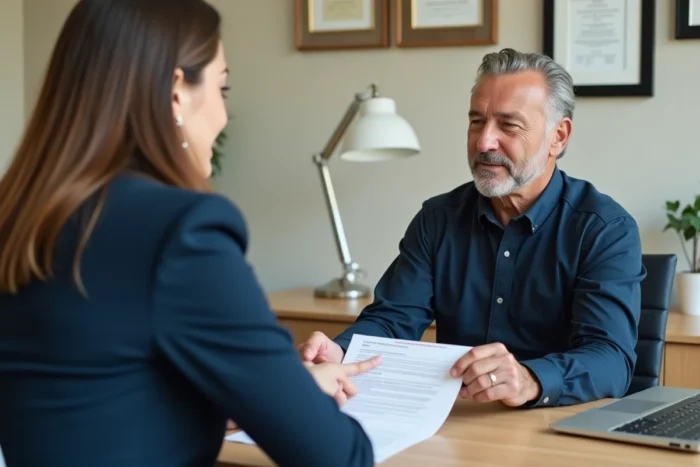 Un homme et une conseillère en assurance examinant ensemble un formulaire de résiliation d'assurance habitation dans un bureau professionnel