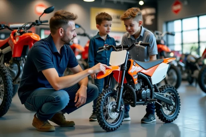 Vendeur spécialisé expliquant les caractéristiques d'une moto tout-terrain pour enfant dans un magasin de motos