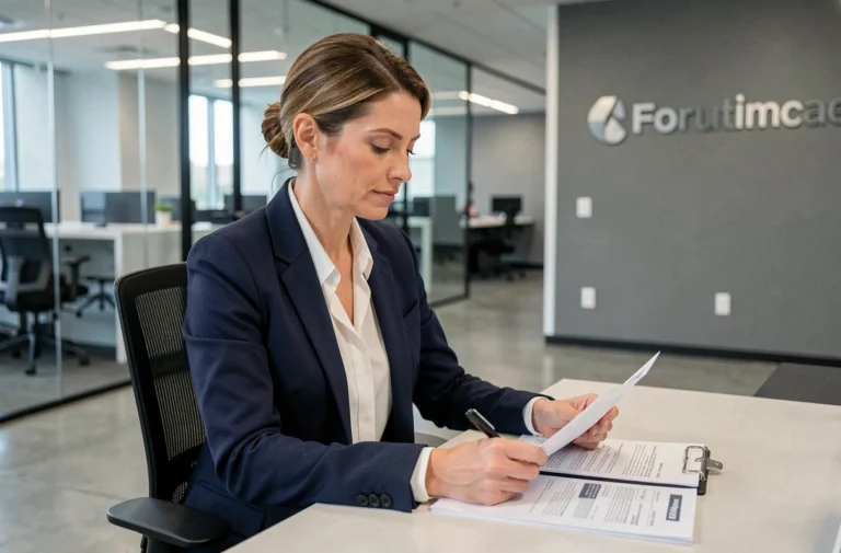 Conseillère bancaire professionnelle examinant des documents financiers dans une agence bancaire moderne