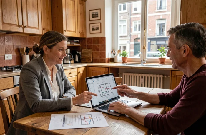 Conseillère en chauffage discutant d'un devis d'installation avec des propriétaires dans une cuisine bruxelloise