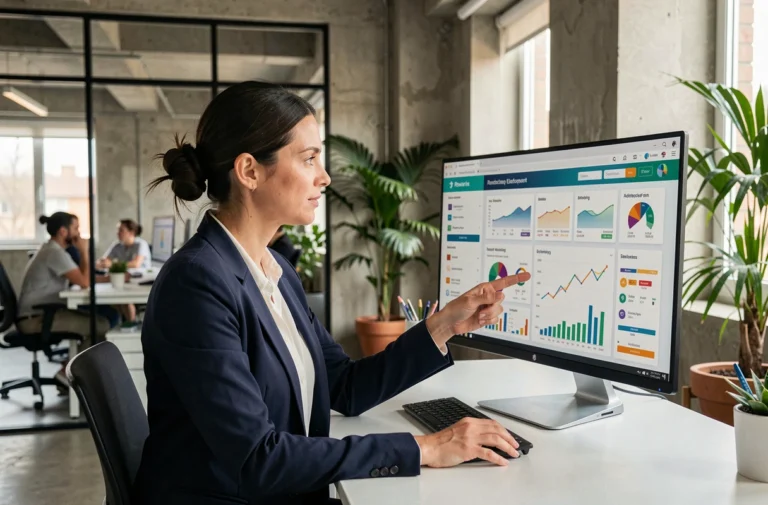 Consultante en agence digitale analysant des tableaux de bord de croissance web sur un grand écran dans un bureau moderne