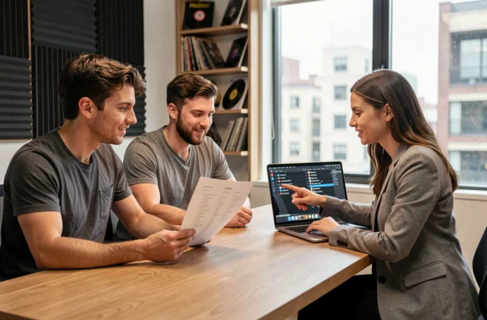 Couple de futurs mariés en consultation avec une DJ pour choisir la musique de leur mariage