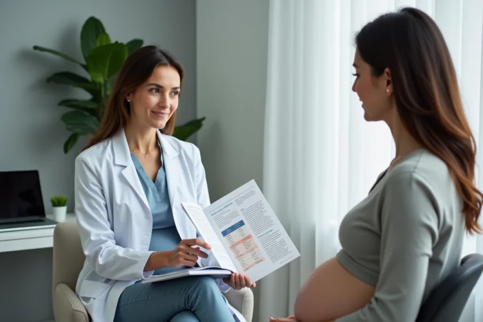Consultation médicale entre une sage-femme et une femme enceinte discutant des aliments à éviter comme la terrine