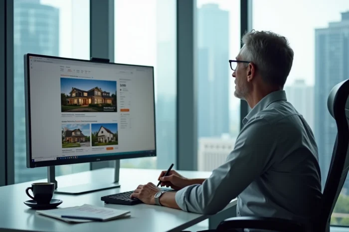 Homme consultant un site immobilier en ligne depuis son bureau avec vue sur la ville