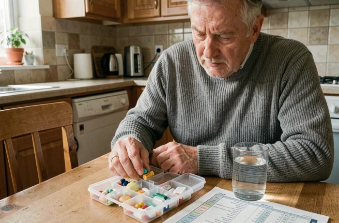 Homme âgé en convalescence à domicile après un stent, gérant ses médicaments cardiaques avec un pilulier hebdomadaire