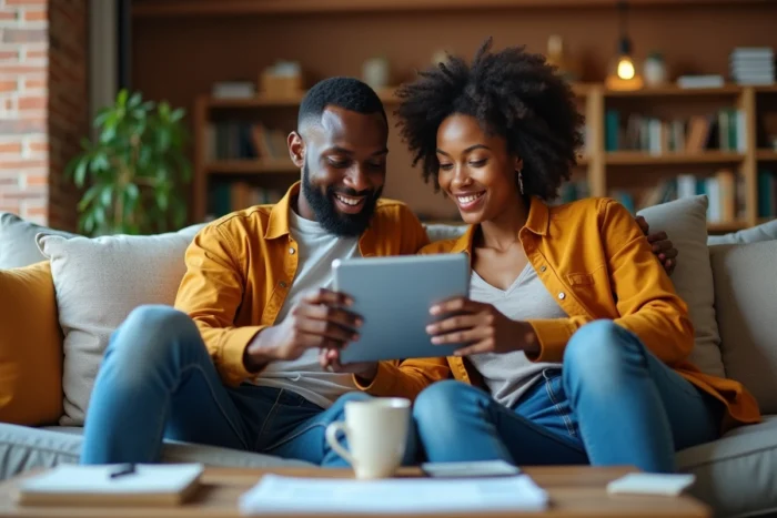 Couple consultant une application d'épargne et d'investissement ensemble sur une tablette dans leur salon