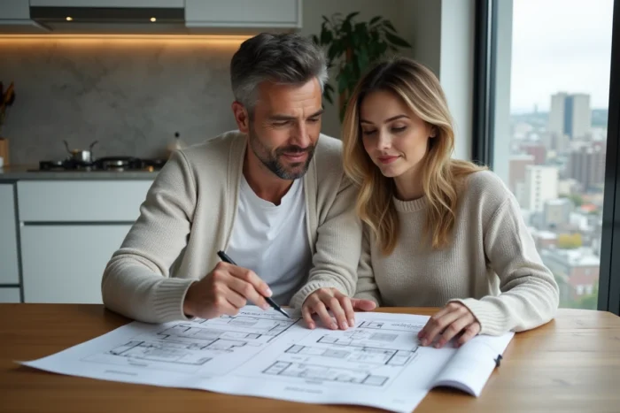 Couple étudiant des plans immobiliers et une brochure de vente à la maison
