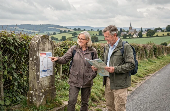 Couple consultant une feuille d'itinéraire Michelin imprimée au bord d'une route de campagne française