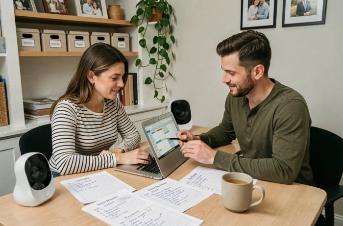 Couple de parents modernes planifiant ensemble leur organisation familiale dans un bureau à domicile, illustrant les astuces essentielles pour simplifier la vie quotidienne