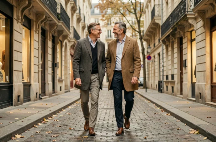 Couple discret se promenant dans les rues pavées de Paris en automne