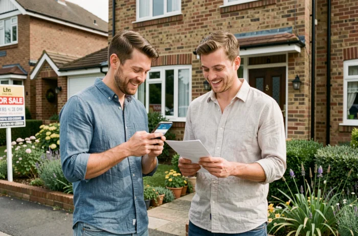 Couple consultant une application immobilière sur smartphone devant une maison à vendre dans un quartier résidentiel