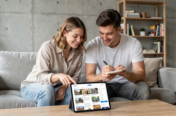 Couple cherchant des annonces gratuites locales sur une tablette dans un salon moderne