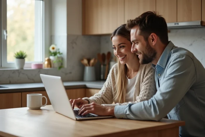 Couple consultant une simulation de crédit auto en ligne sur ordinateur portable à la maison