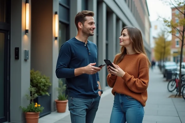 Couple visitant un immeuble résidentiel moderne lors d'une recherche de location immobilière