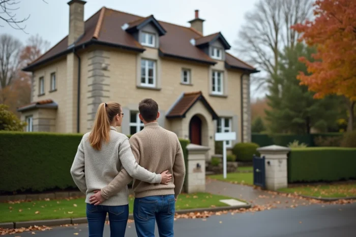 Couple visitant une maison à vendre dans un quartier résidentiel pour un projet immobilier