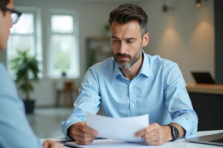 Conseiller bancaire et client signant un contrat de crédit auto dans une agence moderne