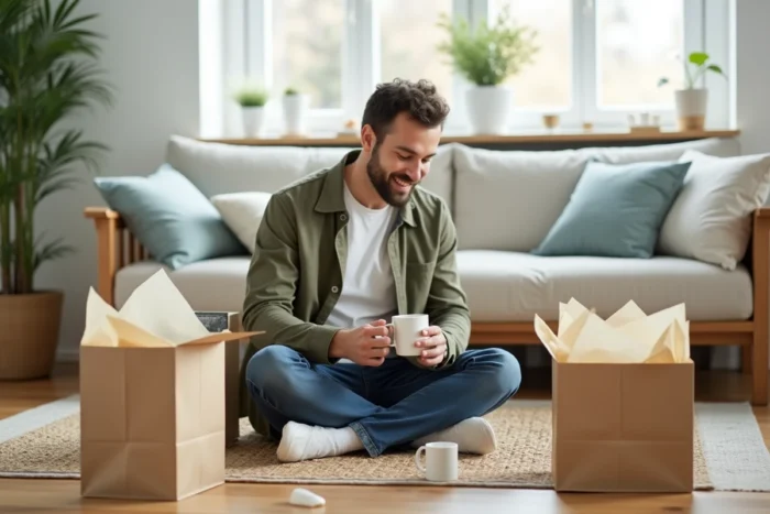 Homme découvrant ses achats shopping à domicile entouré de sacs et de trouvailles dénichées lors de ses courses