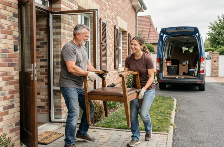 Deux personnes transportant un fauteuil hors d'une maison lors d'un débarras de meubles à domicile