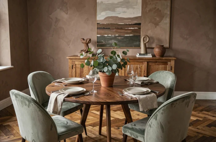 Salle à manger raffinée avec table en noyer, chaises en velvet vert sauge et décoration en céramique artisanale