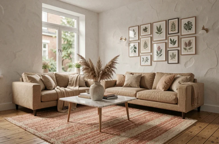 Salon scandinave élégant avec canapé en lin, tapis en laine et décoration naturelle harmonieuse